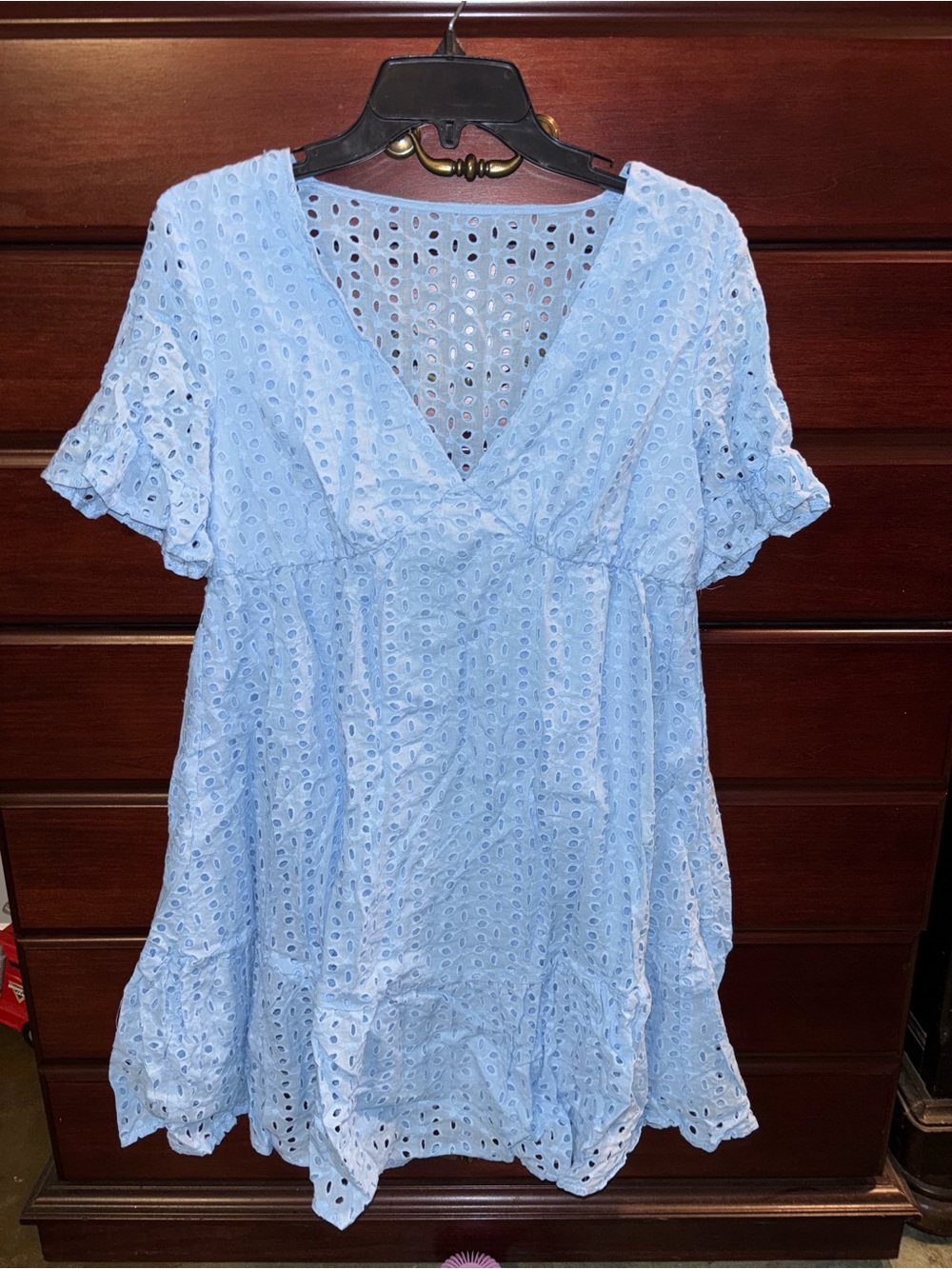 Light Blue Eyelet V-Neck Mini Dress
